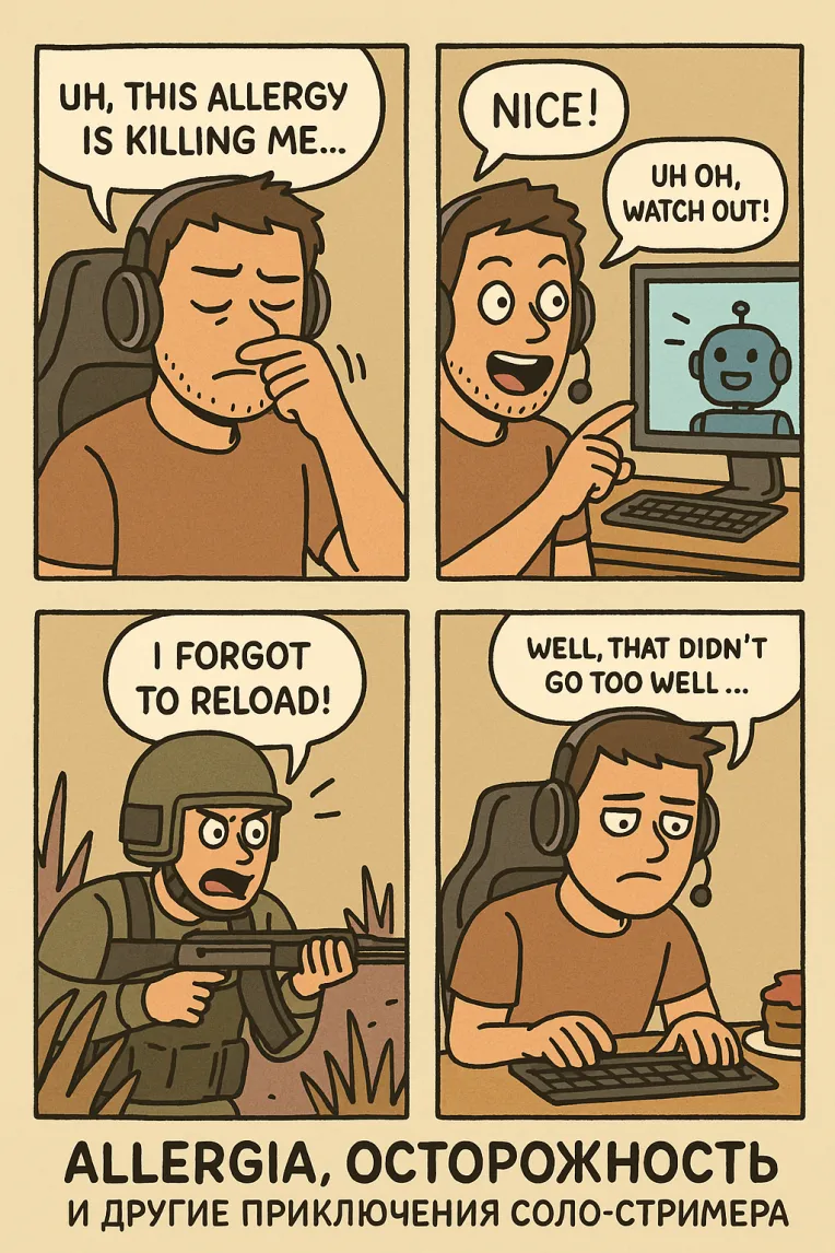 Комикс, в котором стример страдает аллергией и забывает перезарядиться